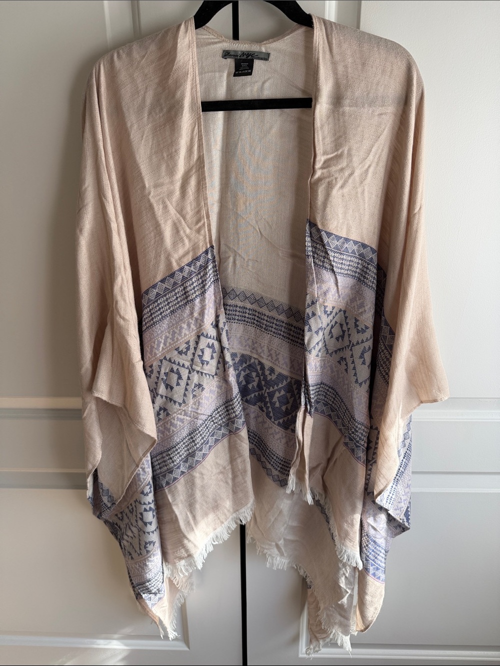 Anthropologie Cream & Blue Geometric Fringe Kimono Cover-Up